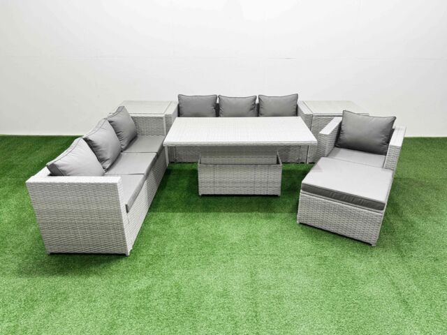 Fimous 7 PCs Rising Dining Table Set Rattan Furniture Set with 3 Seater Sofa in Light Grey - image 1