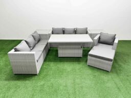 Fimous 7 PCs Rising Dining Table Set Rattan Furniture Set with 3 Seater Sofa in Light Grey - thumbnail 1