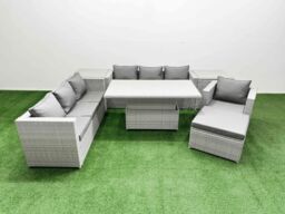 Fimous 7 PCs Rising Dining Table Set Rattan Furniture Set with 3 Seater Sofa in Light Grey - thumbnail 2