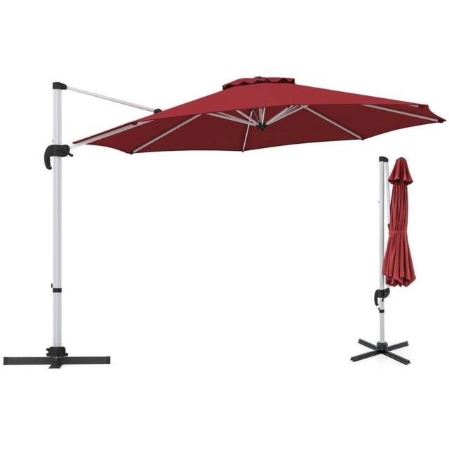 Costway 325cm Outdoor Patio Umbrella Round Cantilever Umbrella w/360° Rotation in Red
