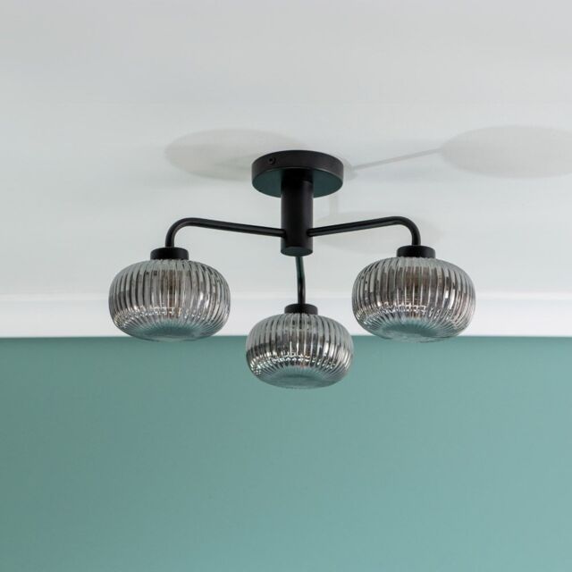 ValueLights Amaia Matte Black IP44 3 Way Smoked Ribbed Glass Ceiling Light with LED Bulbs - image 1