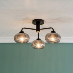 ValueLights Amaia Matte Black IP44 3 Way Smoked Ribbed Glass Ceiling Light with LED Bulbs - thumbnail 2