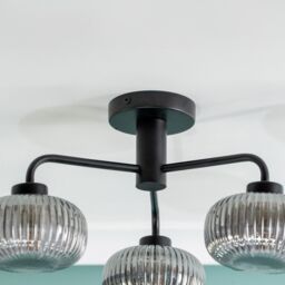 ValueLights Amaia Matte Black IP44 3 Way Smoked Ribbed Glass Ceiling Light with LED Bulbs - thumbnail 3