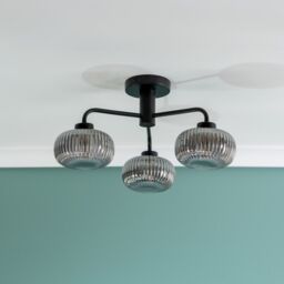 ValueLights Amaia Matte Black IP44 3 Way Smoked Ribbed Glass Ceiling Light with LED Bulbs - thumbnail 1