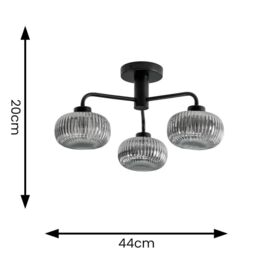 ValueLights Amaia Matte Black IP44 3 Way Smoked Ribbed Glass Ceiling Light with LED Bulbs - thumbnail 7