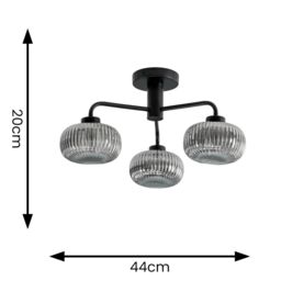 ValueLights Amaia Matte Black IP44 3 Way Smoked Ribbed Glass Ceiling Light with LED Bulbs - thumbnail 6