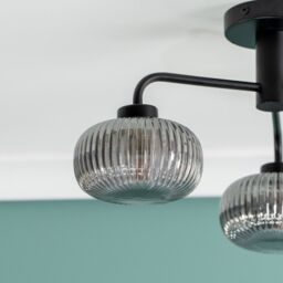 ValueLights Amaia Matte Black IP44 3 Way Smoked Ribbed Glass Ceiling Light with LED Bulbs - thumbnail 4