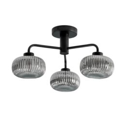ValueLights Amaia Matte Black IP44 3 Way Smoked Ribbed Glass Ceiling Light with LED Bulbs - thumbnail 5