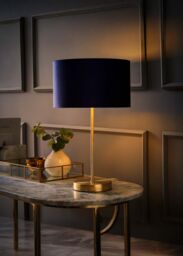 ValueLights Charlie Gold Stem Table Lamp with Velvet Drum with Gold Inner Lamp Shade in Dark Navy - thumbnail 2