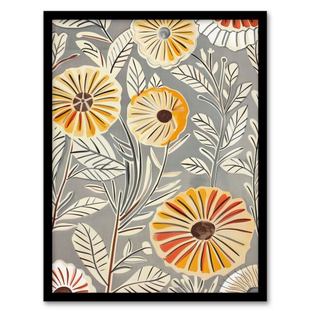 "Artery8 Rustic Marigold Flowers Blue Yellow Simple Floral Framed Art Print in Grey - Size: W12"" x H16""" - image 1