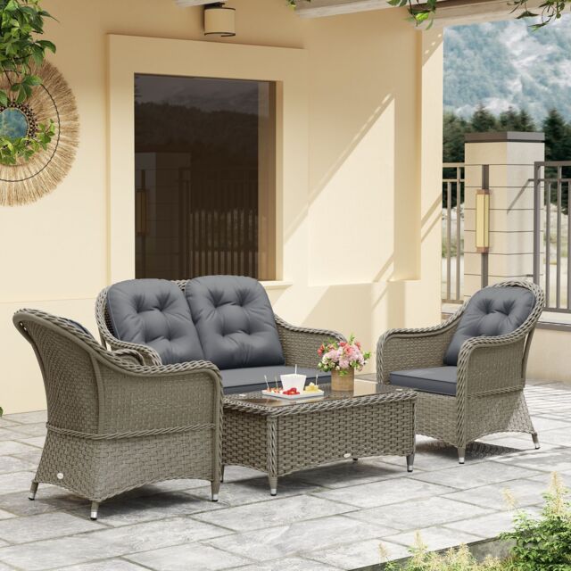 OUTSUNNY 4 Pieces Rattan Sofa Set Outdoor Conservatory Furniture with Cushions in Light Grey - image 1