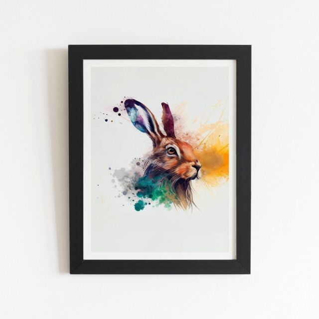 "Warren Reed - Designer Hare Close Up Splashart Framed Art Print in Black - Size: W16"" x H24""" - image 1