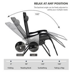 Costway Set of 2 Folding Zero Gravity Chairs Outdoor Patio Recliners Removable Headrests in Grey - thumbnail 4
