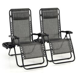 Costway Set of 2 Folding Zero Gravity Chairs Outdoor Patio Recliners Removable Headrests in Grey - thumbnail 1