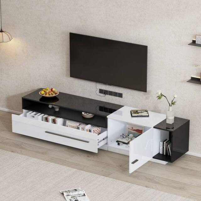 Merax 70 Inch High Gloss TV Stand, Media Unit with Drawer & Shelves in White - image 1