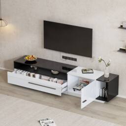 Merax 70 Inch High Gloss TV Stand, Media Unit with Drawer & Shelves in White