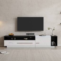 Merax 70 Inch High Gloss TV Stand, Media Unit with Drawer & Shelves in White - thumbnail 3