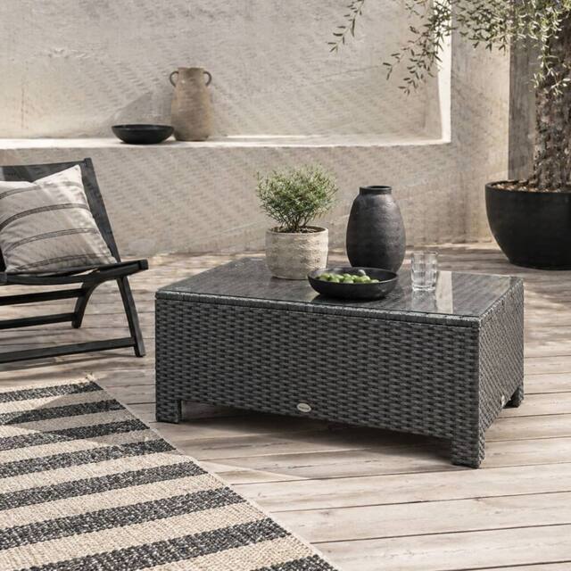 Wyld Haus Niyo Black Rattan Rectangular Outdoor Coffee Table Tempered Glass Top - image 1