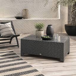 Wyld Haus Niyo Black Rattan Rectangular Outdoor Coffee Table Tempered Glass Top - thumbnail 1