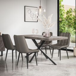 More4Homes Donni Dining Table & Chairs - Concrete Effect Table Top w Black Legs + Nova Faux Leather Dining Chair Set Of 4 in Grey