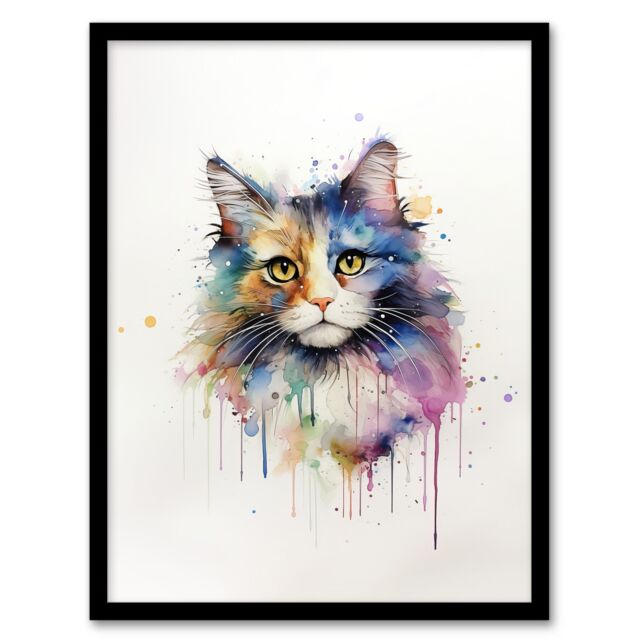 "Artery8 Wall Art Print Norwegian Forest Cat Lovers Gift Watercolour Pet Portrait Painting Artwork Art Framed - Size: W12"" x H16""" - image 1