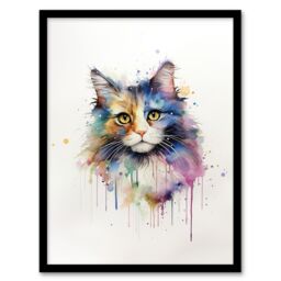 "Artery8 Wall Art Print Norwegian Forest Cat Lovers Gift Watercolour Pet Portrait Painting Artwork Art Framed - Size: W12"" x H16""" - thumbnail 1