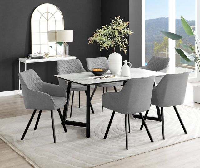 FurnitureboxUK Carson White Marble Effect Dining Table & 6 Falun Black Leg Chairs in Dark Grey - image 1