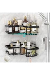 Living and Home 3Pcs Corner Shower Caddy Set with Wall Stickers in Black - thumbnail 3