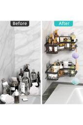 Living and Home 3Pcs Corner Shower Caddy Set with Wall Stickers in Black - thumbnail 4
