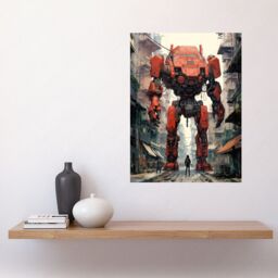 "Artery8 Wall Art Print Red Mecha Robot in City Street Anime Sci-Fi Artwork Giant Humanoid Machine Fantasy Science Fiction Poster - Size: W12"" x H16""" - thumbnail 2