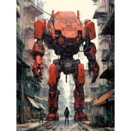 "Artery8 Wall Art Print Red Mecha Robot in City Street Anime Sci-Fi Artwork Giant Humanoid Machine Fantasy Science Fiction Poster - Size: W12"" x H16""" - thumbnail 1