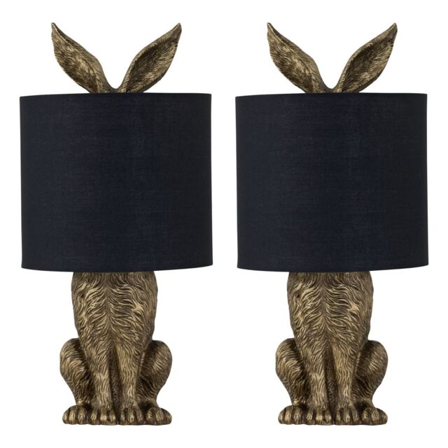 First Choice Lighting Set of 2 Babs - Antique Gold Hare Table Lamps With Black Fabric Shade - image 1