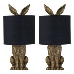 First Choice Lighting Set of 2 Babs - Antique Gold Hare Table Lamps With Black Fabric Shade - thumbnail 1