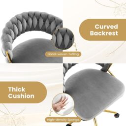 Gymax Office Chair Hand-woven Vanity Chair With Swivel & Adjustable Height in Grey - thumbnail 2