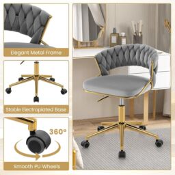 Gymax Office Chair Hand-woven Vanity Chair With Swivel & Adjustable Height in Grey - thumbnail 5