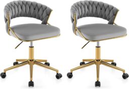Gymax Office Chair Hand-woven Vanity Chair With Swivel & Adjustable Height in Grey - thumbnail 1