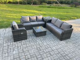 Fimous Outdoor Rattan Garden Furniture Set Conservatory Patio Sofa Coffee Table With Reclining Chair Side Table Dark Grey Mixed - thumbnail 2
