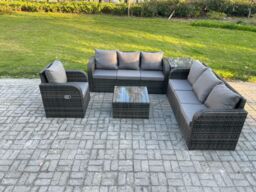 Fimous Outdoor Rattan Garden Furniture Set Conservatory Patio Sofa Coffee Table With Reclining Chair Side Table Dark Grey Mixed - thumbnail 1