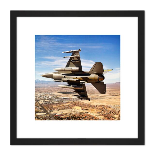 Artery8 Bloker Military USA F-16 Fighter Jet Over Las Vegas 8X8 Inch Square Wooden Framed Wall Art Print Picture with Mount in Black - image 1
