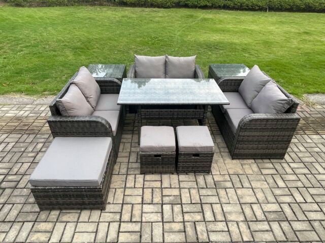 Fimous 9 Pieces Outdoor Rattan Garden Furniture Set with Patio Rectangular Dining Table Love Sofa 2 Side Tables 3 Footstools Dark Grey Mixed - image 1