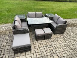 Fimous 9 Pieces Outdoor Rattan Garden Furniture Set with Patio Rectangular Dining Table Love Sofa 2 Side Tables 3 Footstools Dark Grey Mixed - thumbnail 2