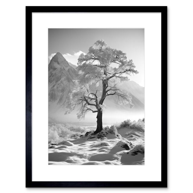 Artery8 Wall Art Print Frozen Tree in Snowy Mountain Landscape Bright Black & White Photograph Winter Sunrise Crisp Morning Light Artwork Framed 9X7 - image 1
