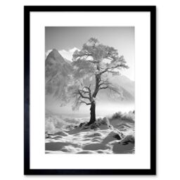 Artery8 Wall Art Print Frozen Tree in Snowy Mountain Landscape Bright Black & White Photograph Winter Sunrise Crisp Morning Light Artwork Framed 9X7 - thumbnail 1