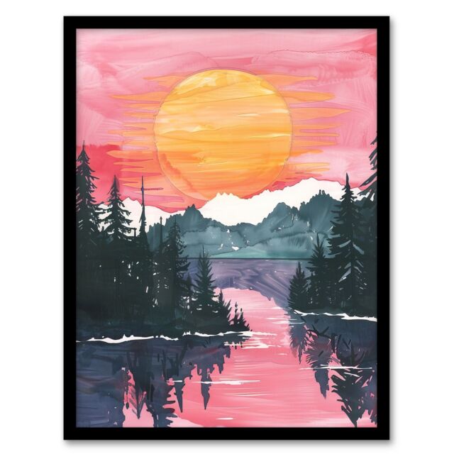 Artery8 Lake Tahoe Forest Winter Sun Sunset Watercolour Framed Art Print in Pink - Size: A4 - image 1