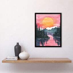 Artery8 Lake Tahoe Forest Winter Sun Sunset Watercolour Framed Art Print in Pink - Size: A4 - thumbnail 4