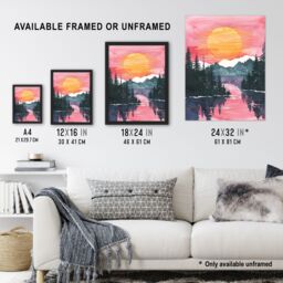 Artery8 Lake Tahoe Forest Winter Sun Sunset Watercolour Framed Art Print in Pink - Size: A4 - thumbnail 3