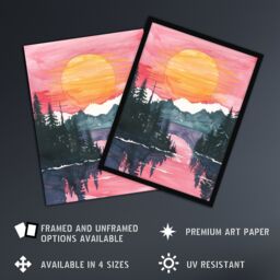 Artery8 Lake Tahoe Forest Winter Sun Sunset Watercolour Framed Art Print in Pink - Size: A4 - thumbnail 2