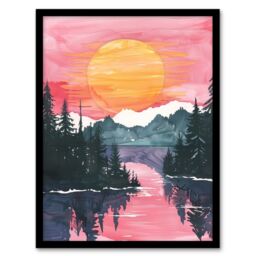 Artery8 Lake Tahoe Forest Winter Sun Sunset Watercolour Framed Art Print in Pink - Size: A4 - thumbnail 1