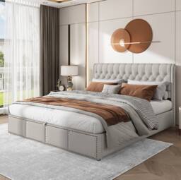 STILVORA 4ft6 Double Upholstered Bed with Storage & Rivets in Grey - thumbnail 3
