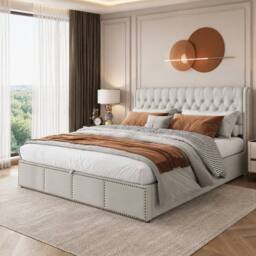 STILVORA 4ft6 Double Upholstered Bed with Storage & Rivets in Grey